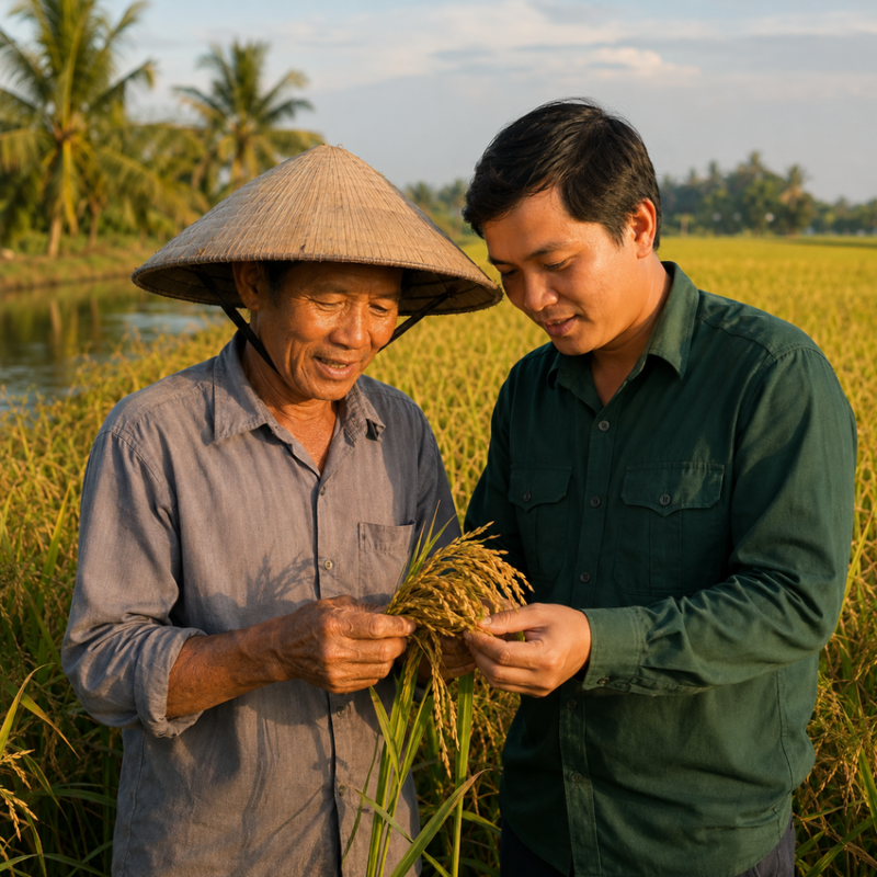 Người nông dân và nhân sự Green And Glory kiểm tra chất lượng lúa
